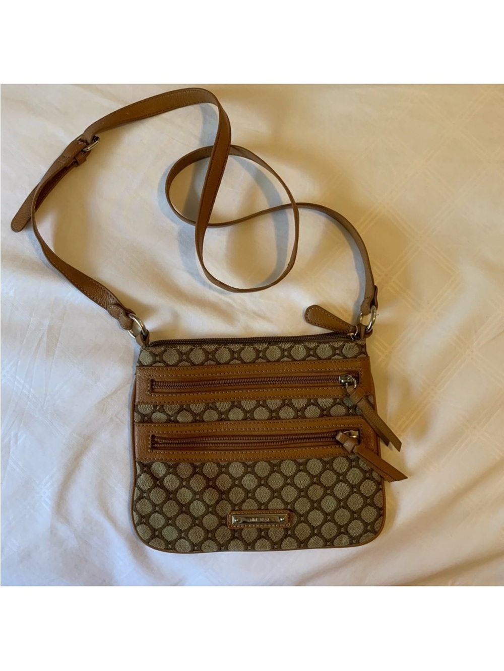 Brown Patterned Crossbody Bag with Dual Zippers